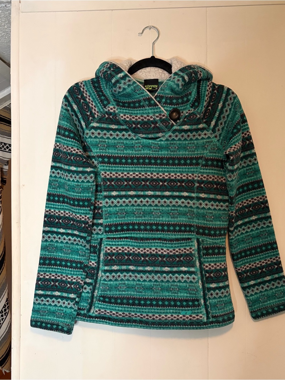 Koppen Teal Patterned Hooded Pullover Sweater
